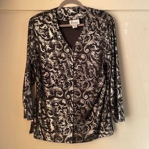 Vintage Joanna silver black floral printed lightweight button down blouse